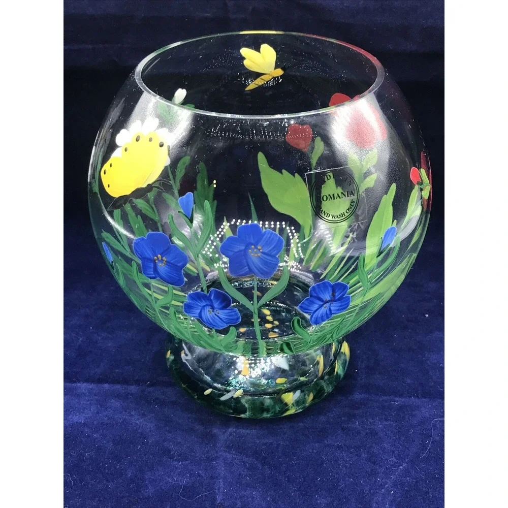 Romania Crystal Art Glass Vase Hand Painted Flowers‎ BEE & BUTTERFLY